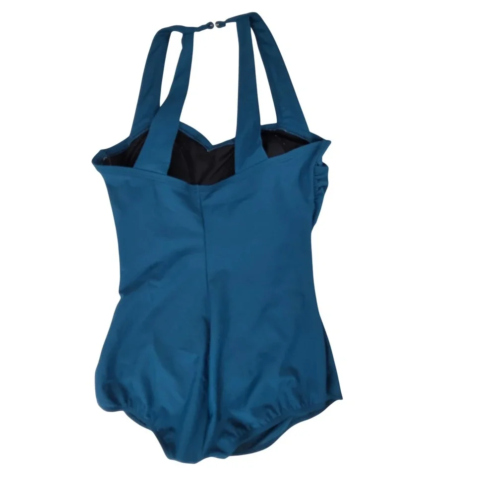 Lands End Womens Teal Draped Ruched One-Piece Swimsuit Size 12 tummy control